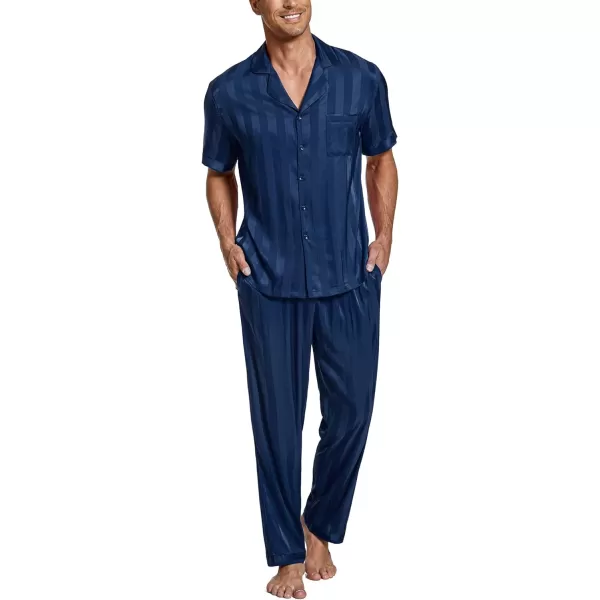 Ekouaer Men Silk Satin Pajamas Set Short Sleeve Button Down Sleepwear Loungewear with PocketsPat4navy Blue