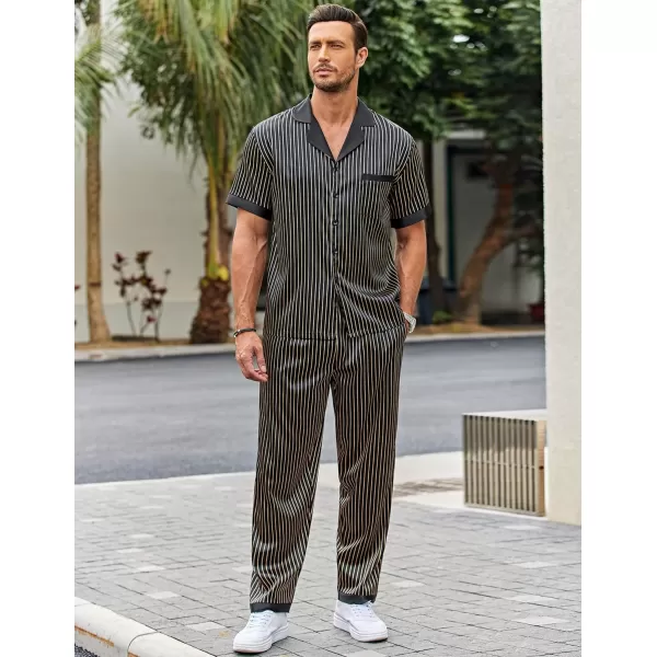 Ekouaer Men Silk Satin Pajamas Set Short Sleeve Button Down Sleepwear Loungewear with PocketsPat6black Strips