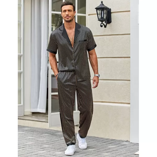 Ekouaer Men Silk Satin Pajamas Set Short Sleeve Button Down Sleepwear Loungewear with PocketsPat6black Strips
