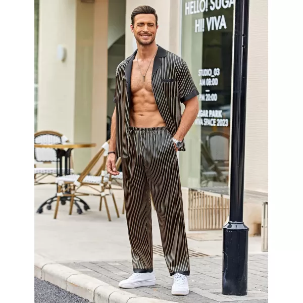 Ekouaer Men Silk Satin Pajamas Set Short Sleeve Button Down Sleepwear Loungewear with PocketsPat6black Strips