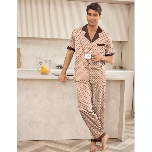 Ekouaer Men Silk Satin Pajamas Set Short Sleeve Button Down Sleepwear Loungewear with PocketsPat7brown Print