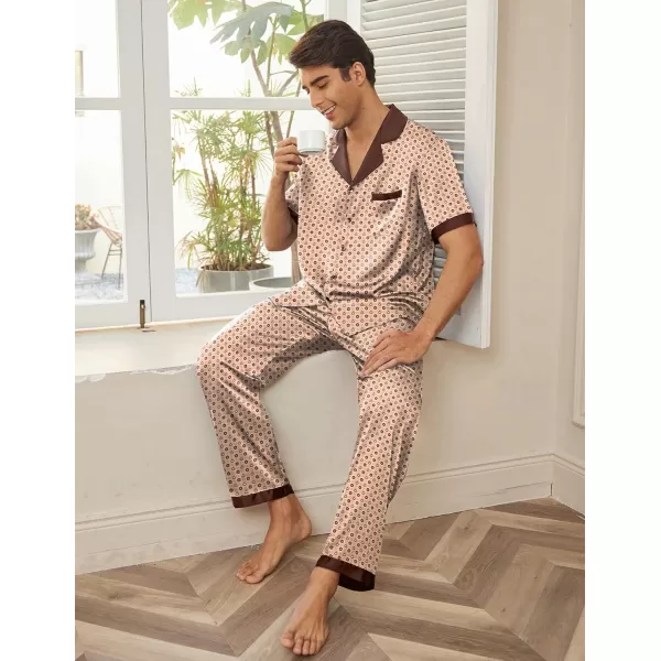 Ekouaer Men Silk Satin Pajamas Set Short Sleeve Button Down Sleepwear Loungewear with PocketsPat7brown Print