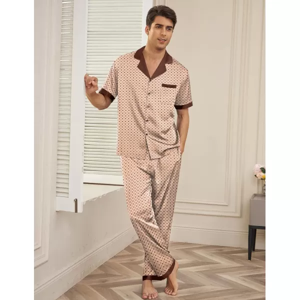 Ekouaer Men Silk Satin Pajamas Set Short Sleeve Button Down Sleepwear Loungewear with PocketsPat7brown Print