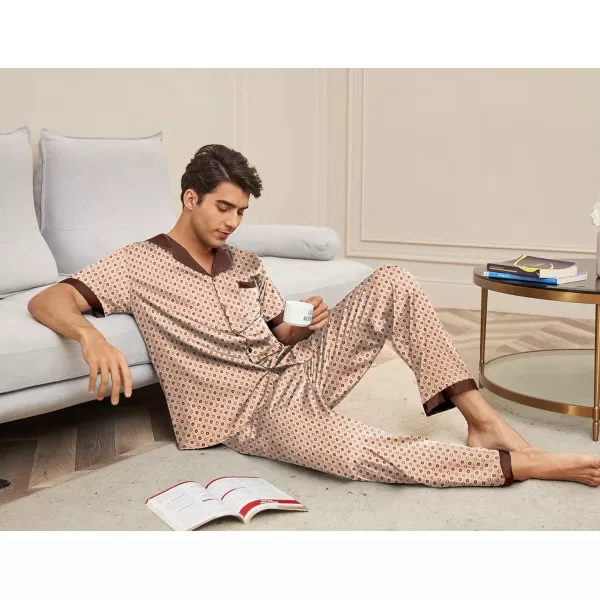 Ekouaer Men Silk Satin Pajamas Set Short Sleeve Button Down Sleepwear Loungewear with PocketsPat7brown Print