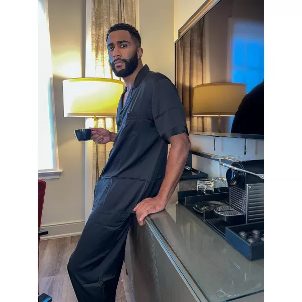 Ekouaer Men Silk Satin Pajamas Set Short Sleeve Button Down Sleepwear Loungewear with PocketsType 2black