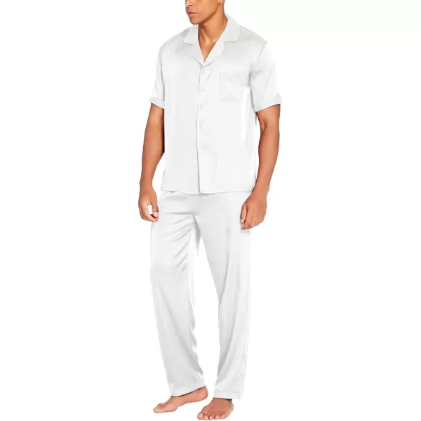 Ekouaer Men Silk Satin Pajamas Set Short Sleeve Button Down Sleepwear Loungewear with PocketsWhite