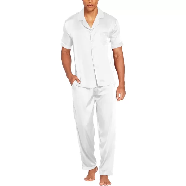 Ekouaer Men Silk Satin Pajamas Set Short Sleeve Button Down Sleepwear Loungewear with PocketsWhite