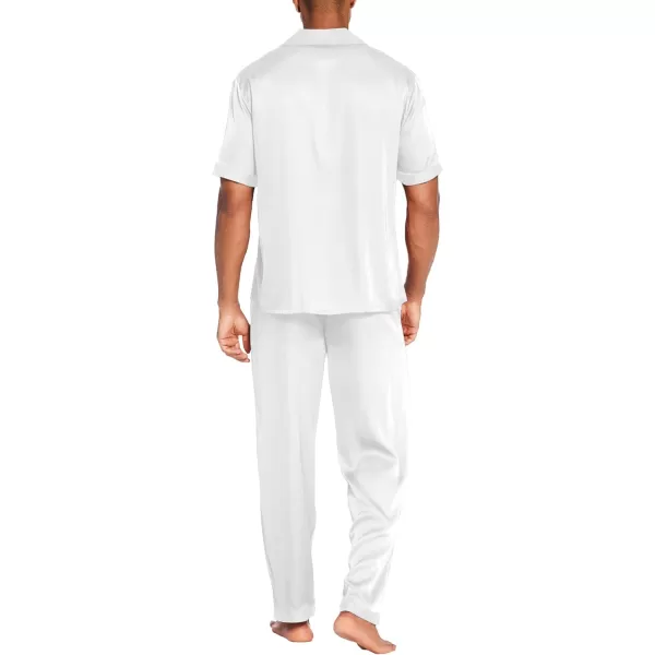 Ekouaer Men Silk Satin Pajamas Set Short Sleeve Button Down Sleepwear Loungewear with PocketsWhite