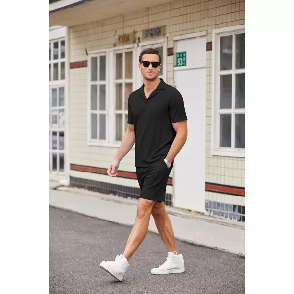 Ekouaer Mens Knit Pajama 2 Piece Lounge Set Stretch Shorts Sets Outfits Tracksuits with PocketsBlack