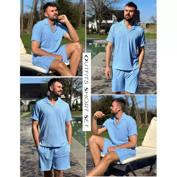 Ekouaer Mens Knit Pajama 2 Piece Lounge Set Stretch Shorts Sets Outfits Tracksuits with PocketsBlue