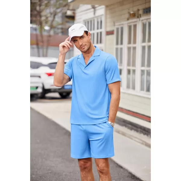 Ekouaer Mens Knit Pajama 2 Piece Lounge Set Stretch Shorts Sets Outfits Tracksuits with PocketsBlue