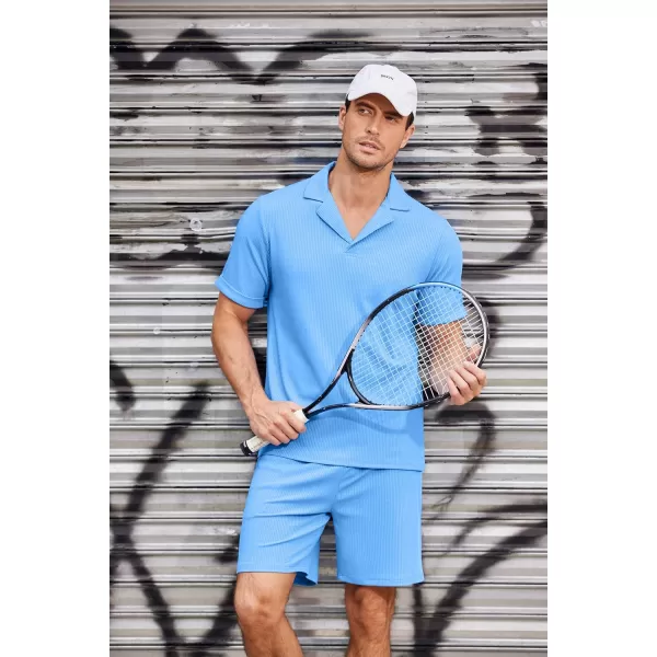 Ekouaer Mens Knit Pajama 2 Piece Lounge Set Stretch Shorts Sets Outfits Tracksuits with PocketsBlue