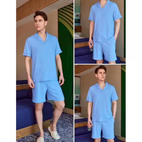 Ekouaer Mens Knit Pajama 2 Piece Lounge Set Stretch Shorts Sets Outfits Tracksuits with PocketsBlue