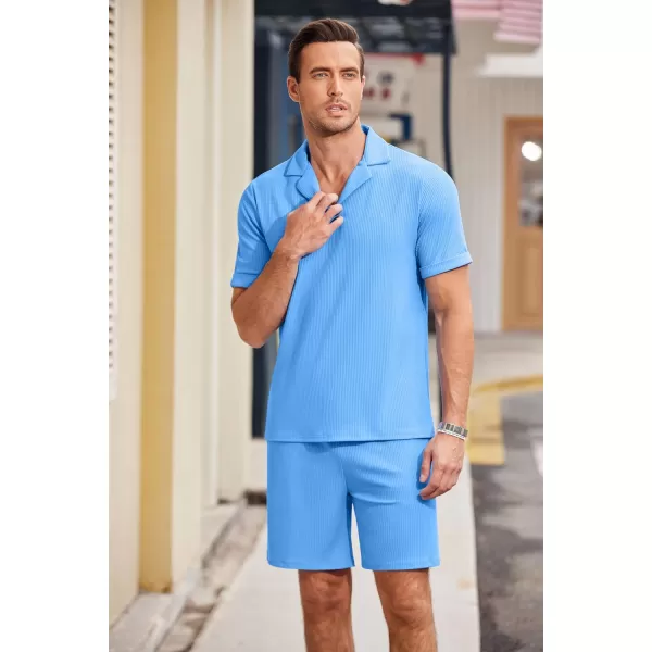 Ekouaer Mens Knit Pajama 2 Piece Lounge Set Stretch Shorts Sets Outfits Tracksuits with PocketsBlue