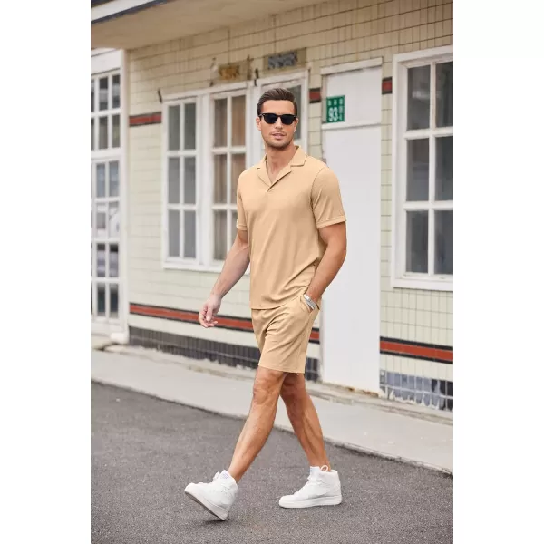 Ekouaer Mens Knit Pajama 2 Piece Lounge Set Stretch Shorts Sets Outfits Tracksuits with PocketsLight Brown