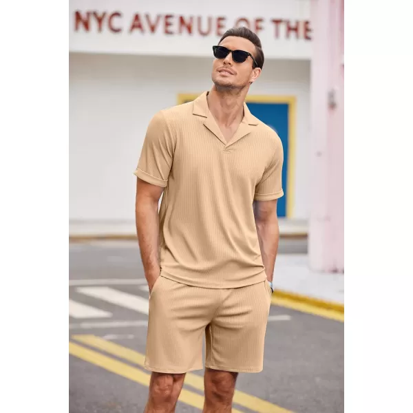 Ekouaer Mens Knit Pajama 2 Piece Lounge Set Stretch Shorts Sets Outfits Tracksuits with PocketsLight Brown