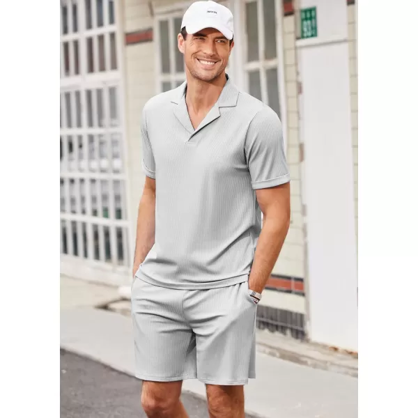 Ekouaer Mens Knit Pajama 2 Piece Lounge Set Stretch Shorts Sets Outfits Tracksuits with PocketsLight Grey