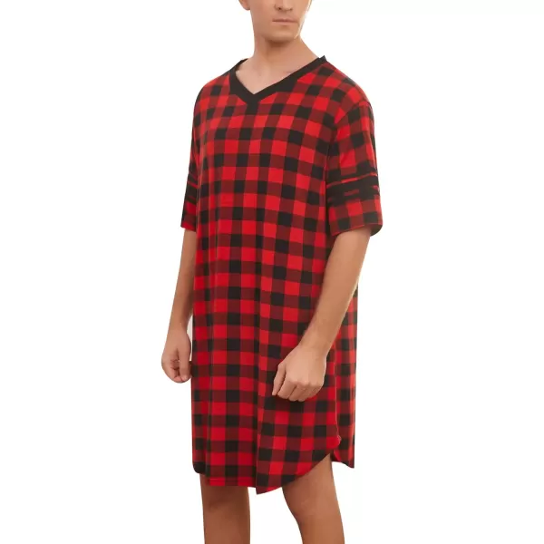 Ekouaer Mens Nightshirt Comfy Nightwear BigampTall V Neck Short Sleeve Soft Loose Pajama Sleep ShirtRed Plaid