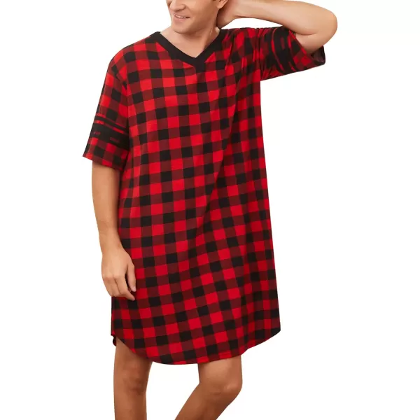 Ekouaer Mens Nightshirt Comfy Nightwear BigampTall V Neck Short Sleeve Soft Loose Pajama Sleep ShirtRed Plaid