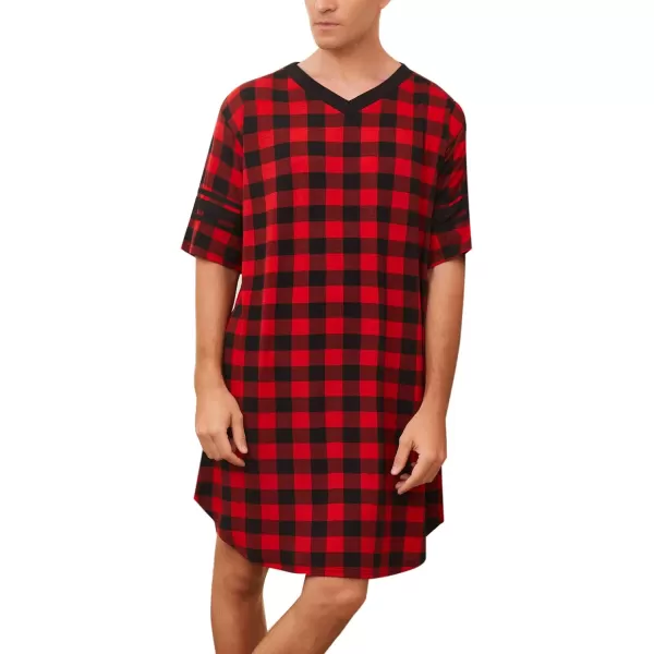 Ekouaer Mens Nightshirt Comfy Nightwear BigampTall V Neck Short Sleeve Soft Loose Pajama Sleep ShirtRed Plaid