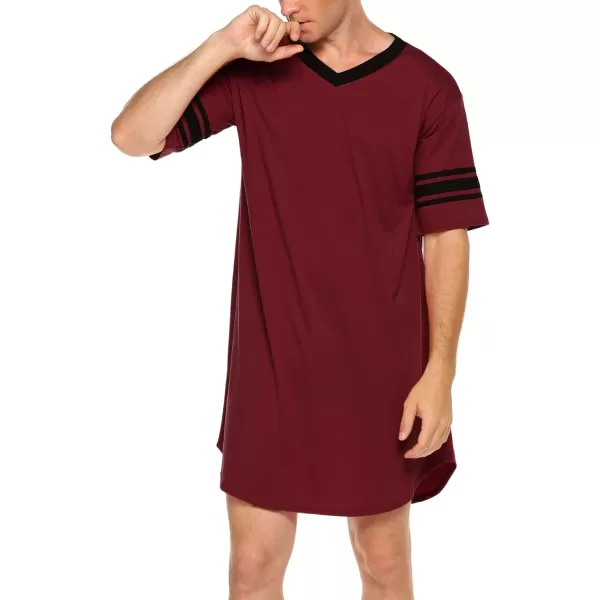 Ekouaer Mens Nightshirt Comfy Nightwear BigampTall V Neck Short Sleeve Soft Loose Pajama Sleep ShirtWine Red