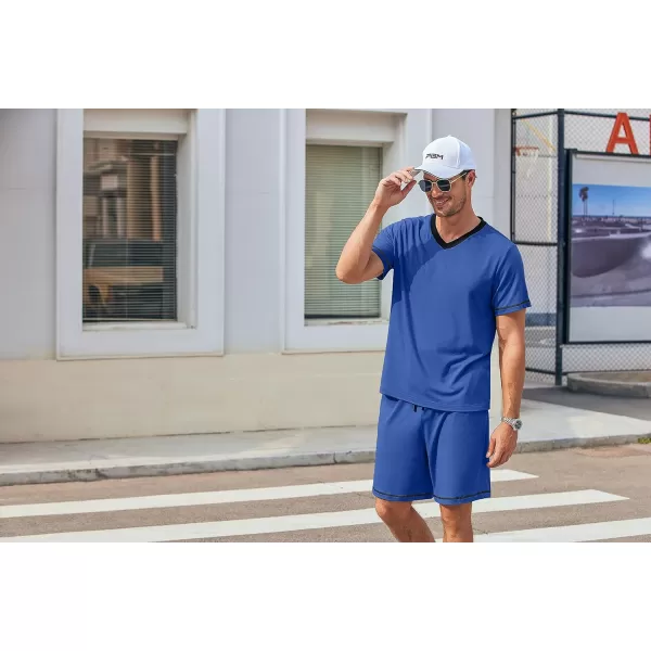 Ekouaer Mens Pajama Set Short Sleeve V Neck 2 Piece Nightwear Shorts With Pockets Summer Sleepwear PJS for MenBlue