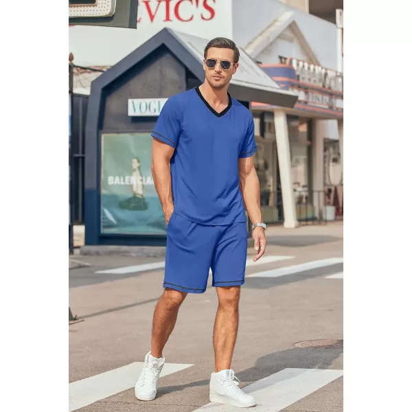 Ekouaer Mens Pajama Set Short Sleeve V Neck 2 Piece Nightwear Shorts With Pockets Summer Sleepwear PJS for MenBlue