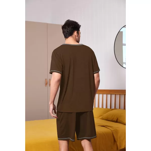 Ekouaer Mens Pajama Set Short Sleeve V Neck 2 Piece Nightwear Shorts With Pockets Summer Sleepwear PJS for MenBrown