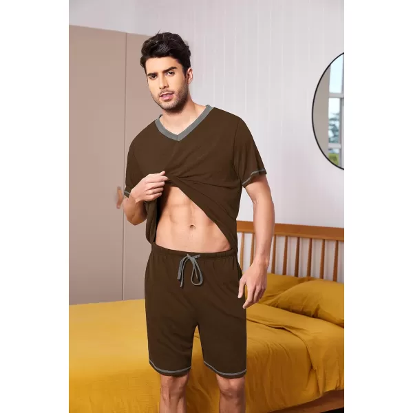 Ekouaer Mens Pajama Set Short Sleeve V Neck 2 Piece Nightwear Shorts With Pockets Summer Sleepwear PJS for MenBrown