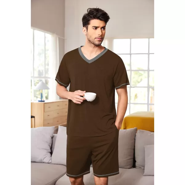 Ekouaer Mens Pajama Set Short Sleeve V Neck 2 Piece Nightwear Shorts With Pockets Summer Sleepwear PJS for MenBrown