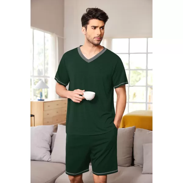 Ekouaer Mens Pajama Set Short Sleeve V Neck 2 Piece Nightwear Shorts With Pockets Summer Sleepwear PJS for MenLake Green