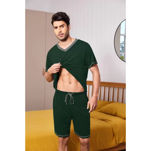 Ekouaer Mens Pajama Set Short Sleeve V Neck 2 Piece Nightwear Shorts With Pockets Summer Sleepwear PJS for MenLake Green