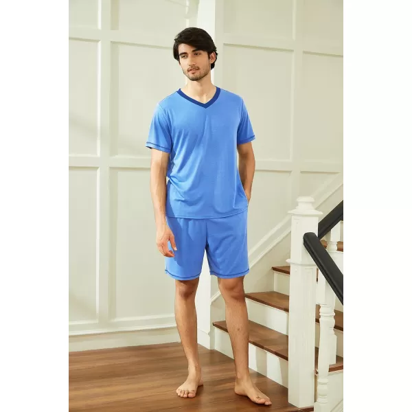 Ekouaer Mens Pajama Set Short Sleeve V Neck 2 Piece Nightwear Shorts With Pockets Summer Sleepwear PJS for MenLight Blue