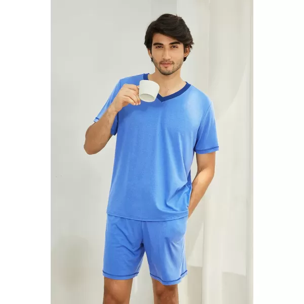 Ekouaer Mens Pajama Set Short Sleeve V Neck 2 Piece Nightwear Shorts With Pockets Summer Sleepwear PJS for MenLight Blue