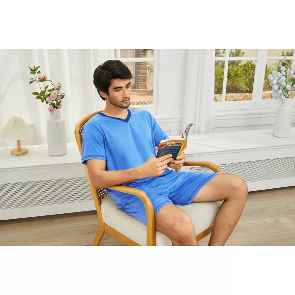 Ekouaer Mens Pajama Set Short Sleeve V Neck 2 Piece Nightwear Shorts With Pockets Summer Sleepwear PJS for MenLight Blue