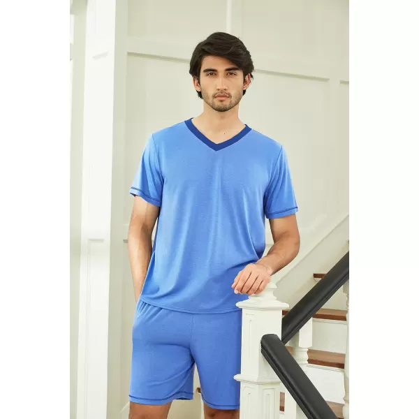 Ekouaer Mens Pajama Set Short Sleeve V Neck 2 Piece Nightwear Shorts With Pockets Summer Sleepwear PJS for MenLight Blue