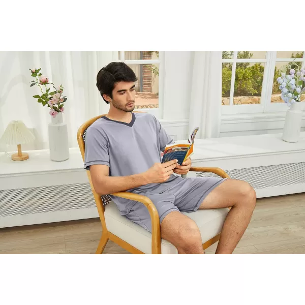 Ekouaer Mens Pajama Set Short Sleeve V Neck 2 Piece Nightwear Shorts With Pockets Summer Sleepwear PJS for MenLight Grey