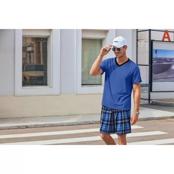 Ekouaer Mens Pajama Set Short Sleeve V Neck 2 Piece Nightwear Shorts With Pockets Summer Sleepwear PJS for MenNavy Bluenavy Plaid