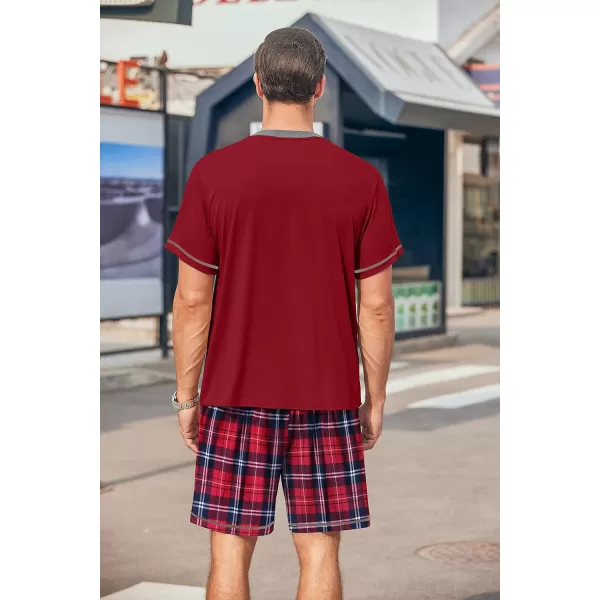 Ekouaer Mens Pajama Set Short Sleeve V Neck 2 Piece Nightwear Shorts With Pockets Summer Sleepwear PJS for MenWine Redred Plaid