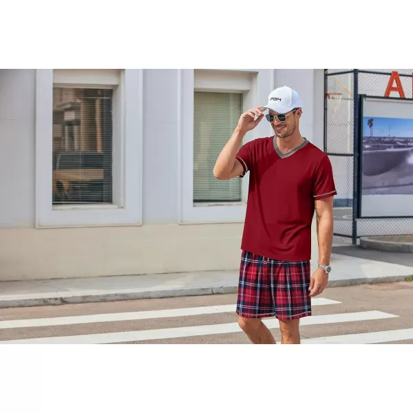 Ekouaer Mens Pajama Set Short Sleeve V Neck 2 Piece Nightwear Shorts With Pockets Summer Sleepwear PJS for MenWine Redred Plaid