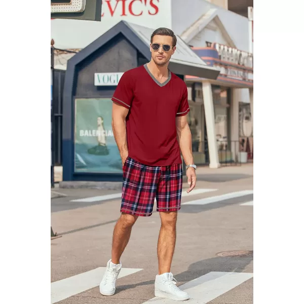 Ekouaer Mens Pajama Set Short Sleeve V Neck 2 Piece Nightwear Shorts With Pockets Summer Sleepwear PJS for MenWine Redred Plaid