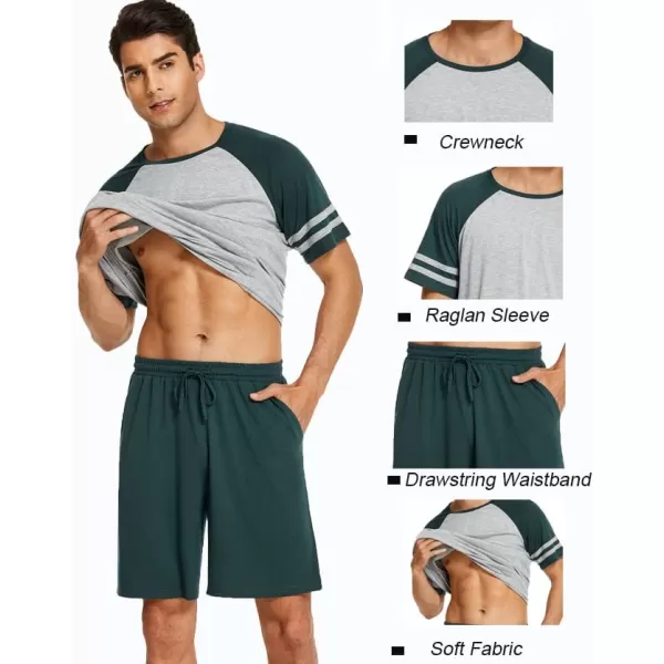 Ekouaer Mens Pajama Short Sets Short Sleeve Crewneck Pajama Lounge Set Raglan SleepwearDark Green