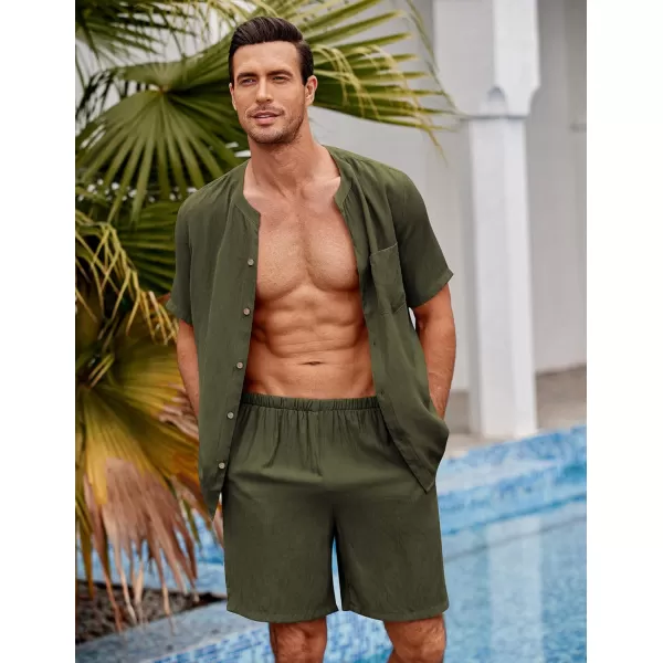 Ekouaer Mens Pajamas 2 Piece Lounge Sets Button Down Shorts Set Outfits Tracksuits with PocketsArmy Green