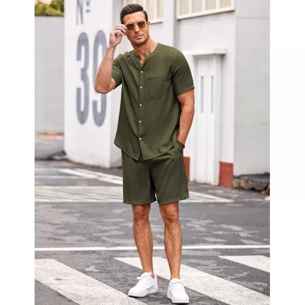 Ekouaer Mens Pajamas 2 Piece Lounge Sets Button Down Shorts Set Outfits Tracksuits with PocketsArmy Green