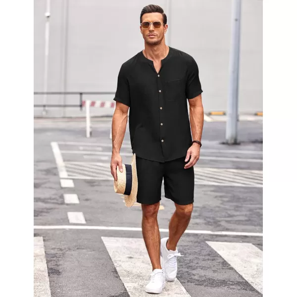 Ekouaer Mens Pajamas 2 Piece Lounge Sets Button Down Shorts Set Outfits Tracksuits with PocketsBlack