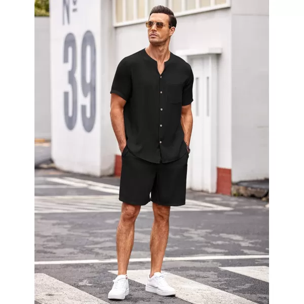 Ekouaer Mens Pajamas 2 Piece Lounge Sets Button Down Shorts Set Outfits Tracksuits with PocketsBlack