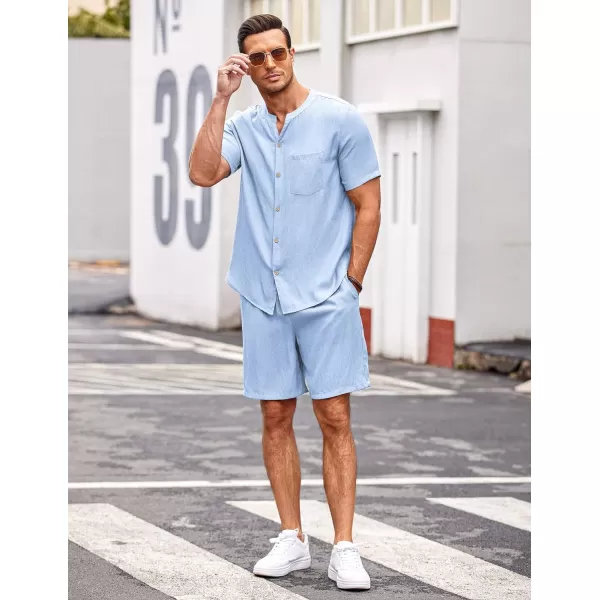 Ekouaer Mens Pajamas 2 Piece Lounge Sets Button Down Shorts Set Outfits Tracksuits with PocketsClear Blue