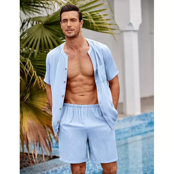 Ekouaer Mens Pajamas 2 Piece Lounge Sets Button Down Shorts Set Outfits Tracksuits with PocketsClear Blue