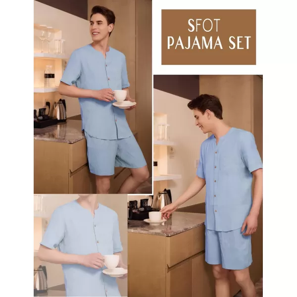 Ekouaer Mens Pajamas 2 Piece Lounge Sets Button Down Shorts Set Outfits Tracksuits with PocketsClear Blue