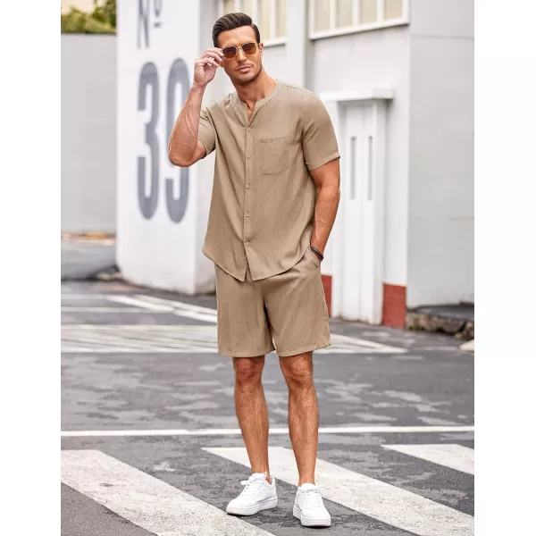 Ekouaer Mens Pajamas 2 Piece Lounge Sets Button Down Shorts Set Outfits Tracksuits with PocketsLight Tan